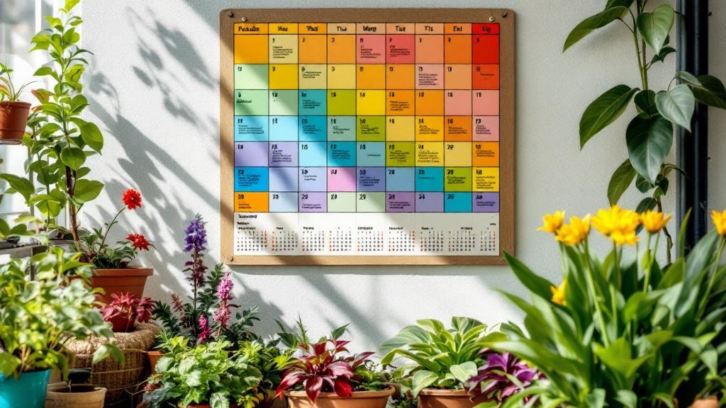 Calendario de siembra junto a semillas y macetas en balcón preparado para cultivar
