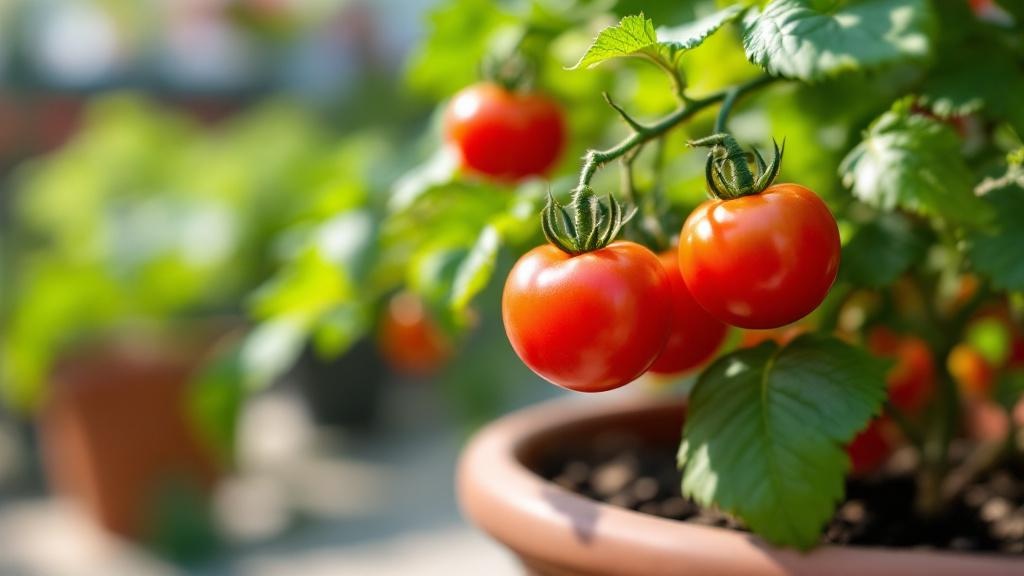 Planta de tomate cherry con frutos rojos en maceta grande sobre balcón soleado