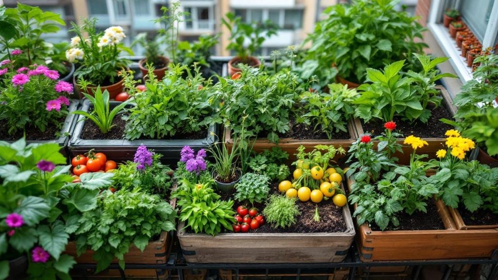 Huerto urbano en balcón con variedad de hortalizas en macetas y jardineras