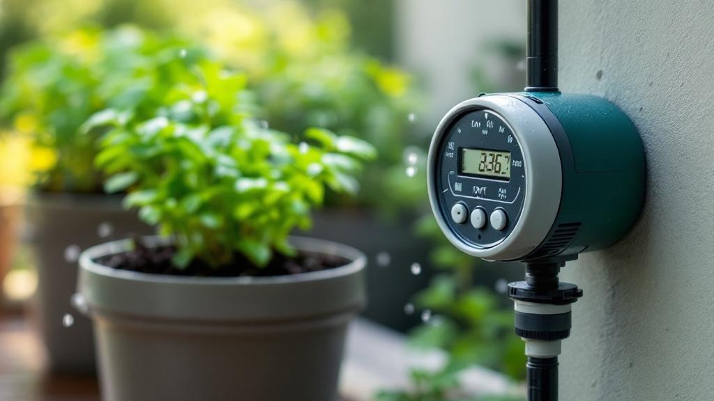 Sistema de riego automático por goteo instalado en macetas de balcón con plantas